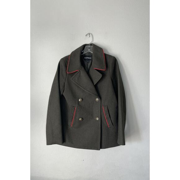 Express Jackets & Blazers - Express Small Army Green Red Trim Pea Coat Double Breasted Coat Jacket Military